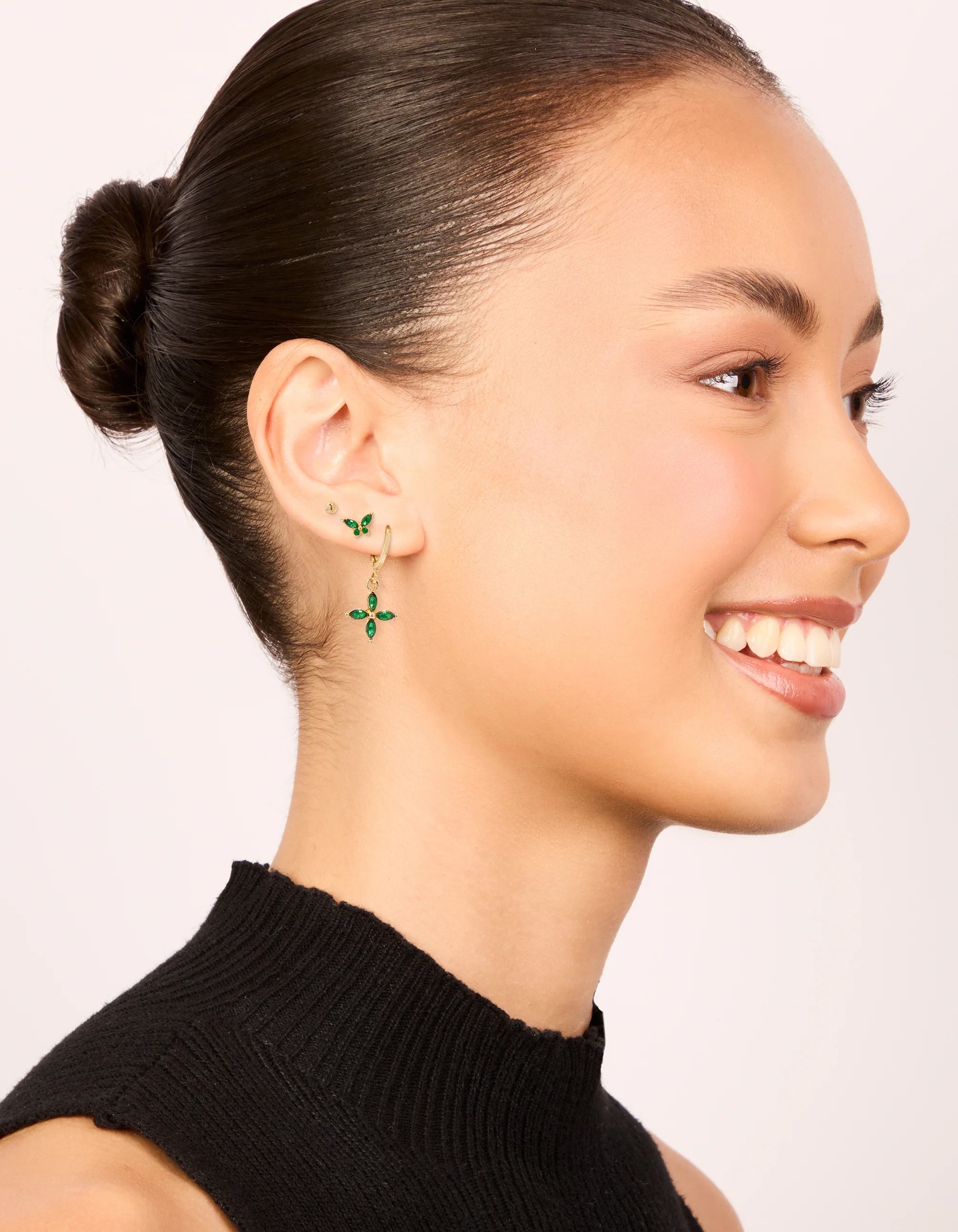 Gold Green Diamante Butterfly & Cross Mixed Stud Earrings 3-Pack - Image 3