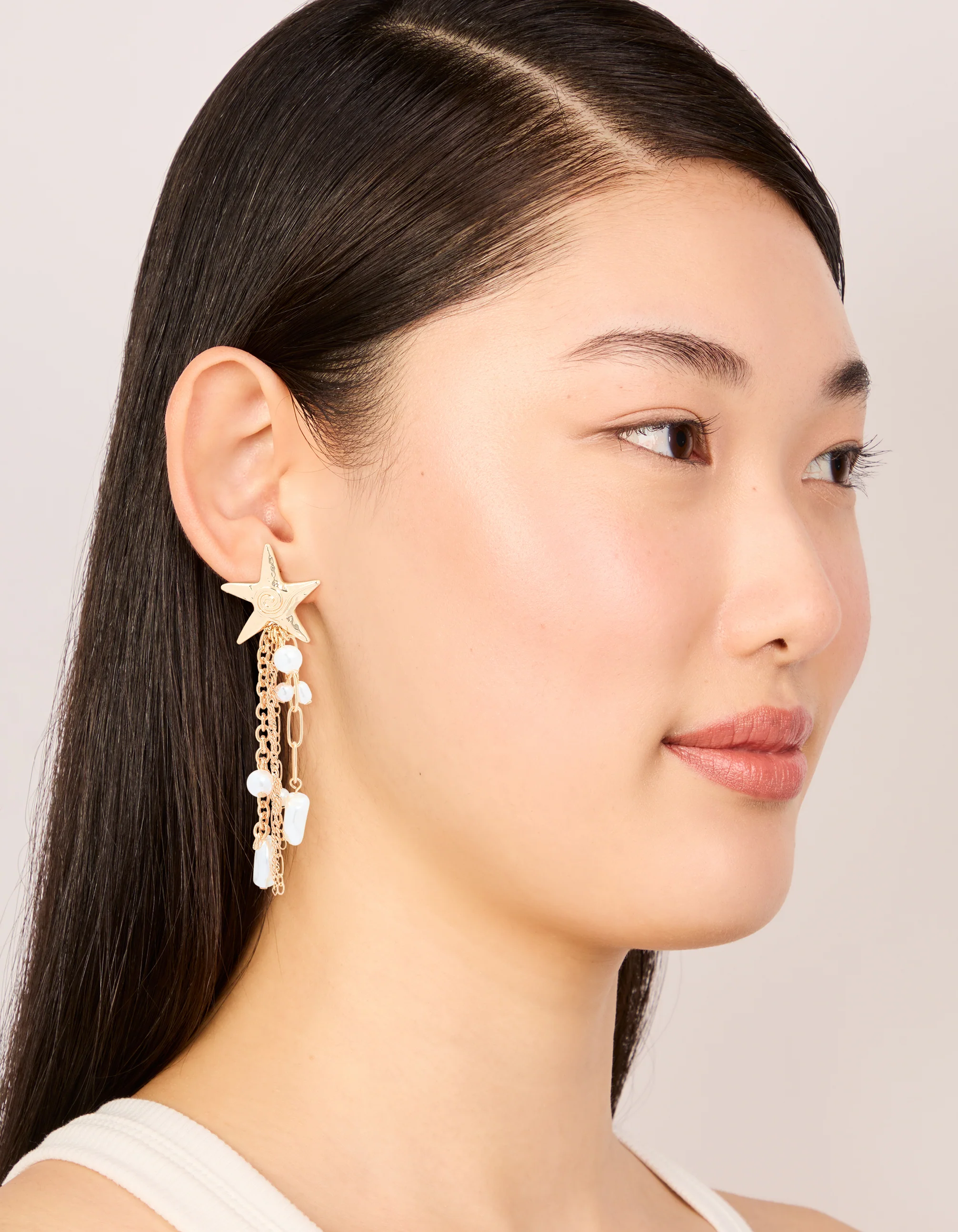 Gold Pearl Star Fish Chain Drop Earrings - Image 3