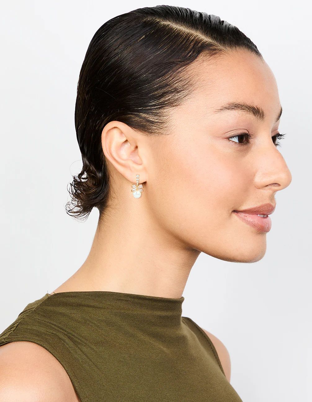 Gold Plated Cubic Zirconia & Pearl Bow Drop Earrings - Image 3