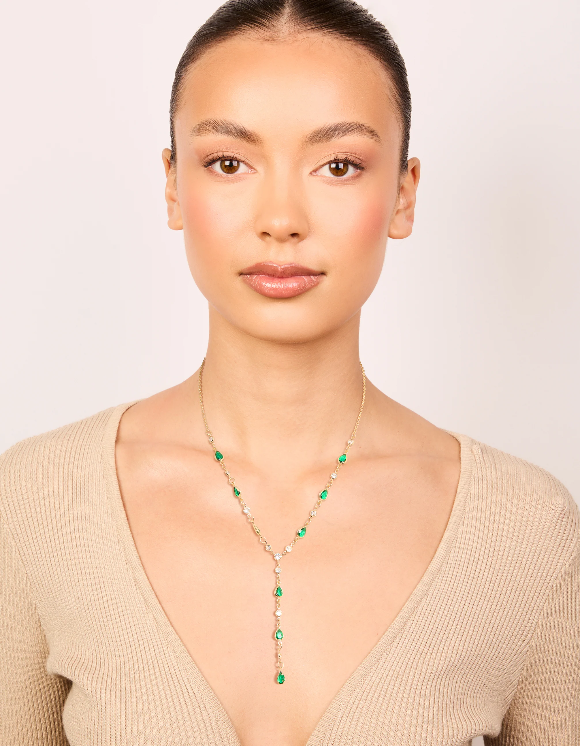 Gold Plated Emerald Cubic Zirconia Y-Necklace - Image 3