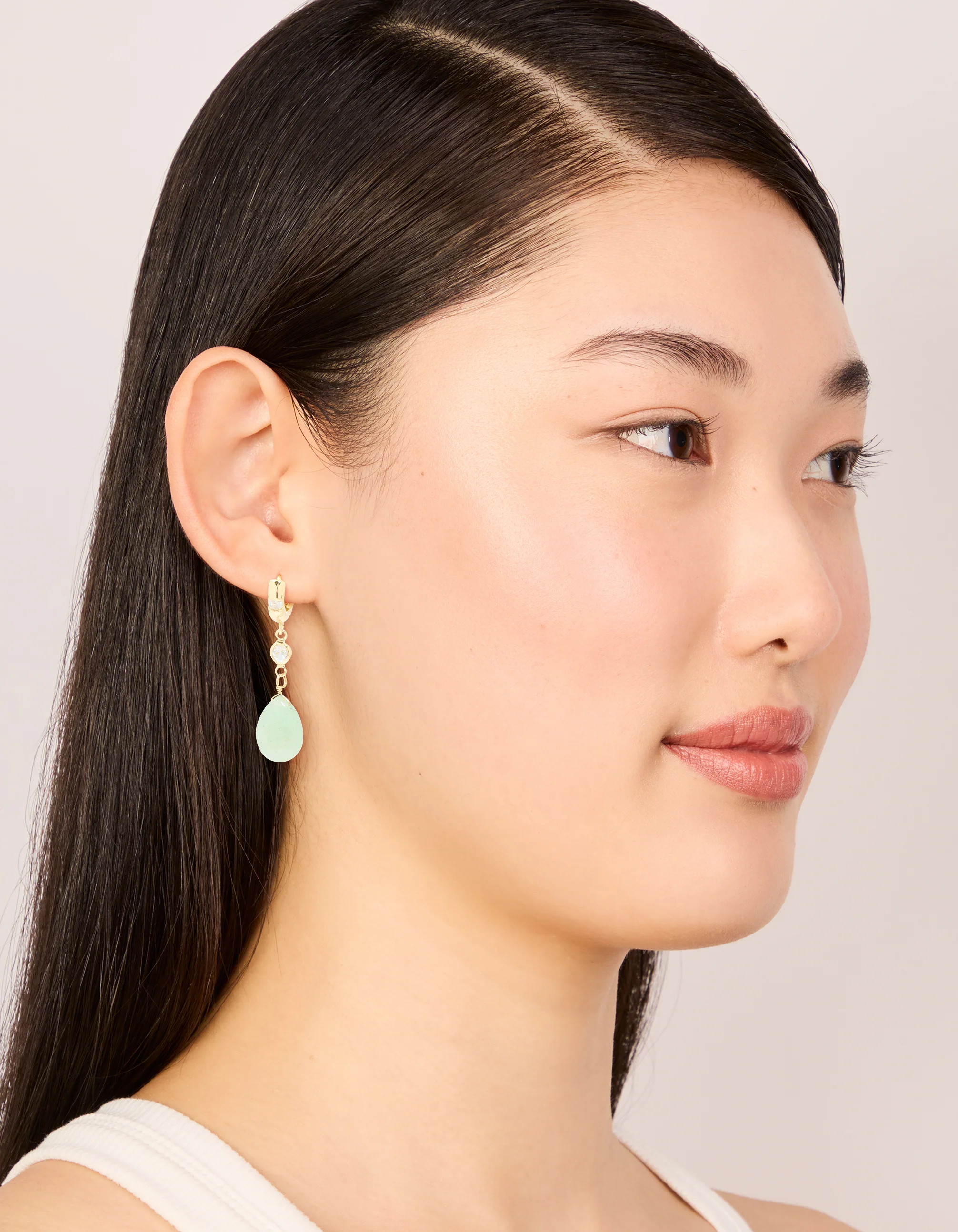 Gold Plated Green Semi Precious Stone Cubic Zirconia Teardrop Earrings - Image 4